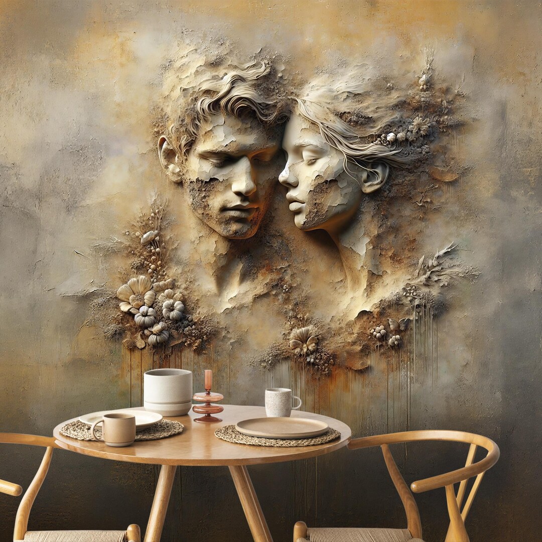 Romantic Couple Relief Mural - 3D Sculpted Faces Wallpaper - Textured ...