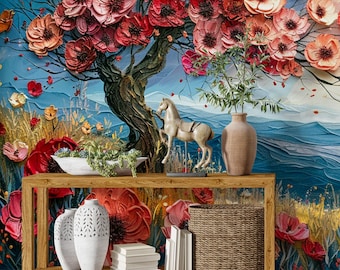 Vibrant Poppy Tree Wall Mural - Textured Impasto Floral Landscape Art - Expressive Blooming Wallpaper
