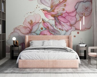 Ethereal Birds & Flowers Mural - Pink Gold Alcohol Ink Style Wallpaper - Abstract Whimsical Art