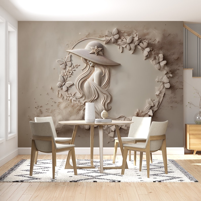 Elegant Woman Relief Mural - 3D Long Hair & Floral Wreath Art - Classic ...