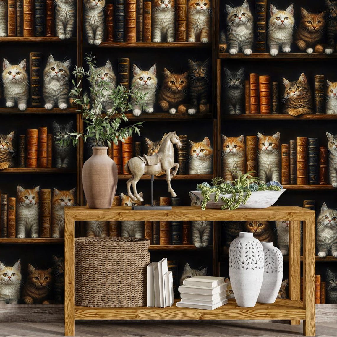 Cats on Bookshelf Wallpaper Mural: Cozy Library Scene - Etsy