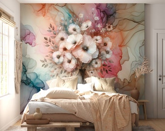Abstract Floral Vase Mural - Alcohol Ink & Watercolor Style Wallpaper - Modern Ethereal Decor