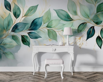 Watercolor Botanical Leaves Mural - Green & Gold Accent Wallpaper - Modern Elegant Greenery