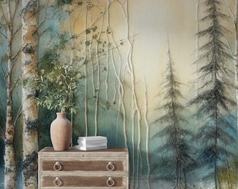 Impressionist Forest Lake Mural - Birch & Pine Tree Reflection Wallpaper - Calm Nature Scene Art
