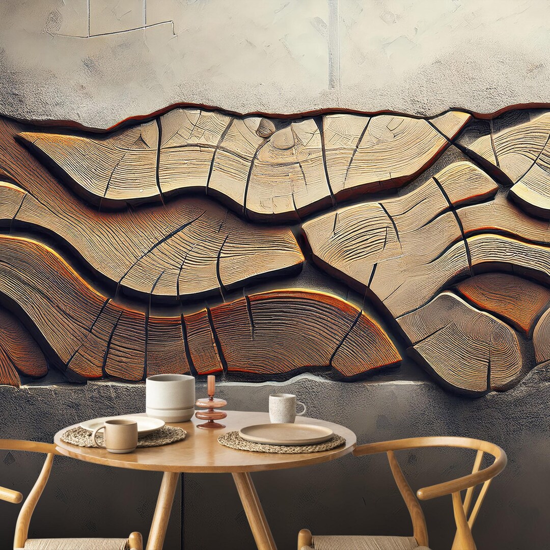 Image showcasing Sculpted Wood Grain Wall Mural - 3D Abstract Texture Wallpaper - Earthy ...
