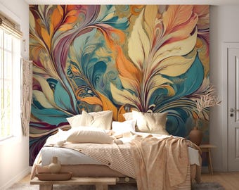 Abstract Flowing Leaves Mural - Colorful Fluid Art Wallpaper - Dynamic Modern Wall Decor