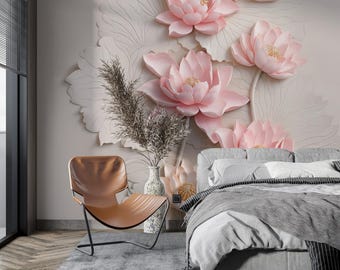 3D Lotus Flower Wall Mural - Pink & White Lily Pad Wallpaper - Serene Zen Floral Decor