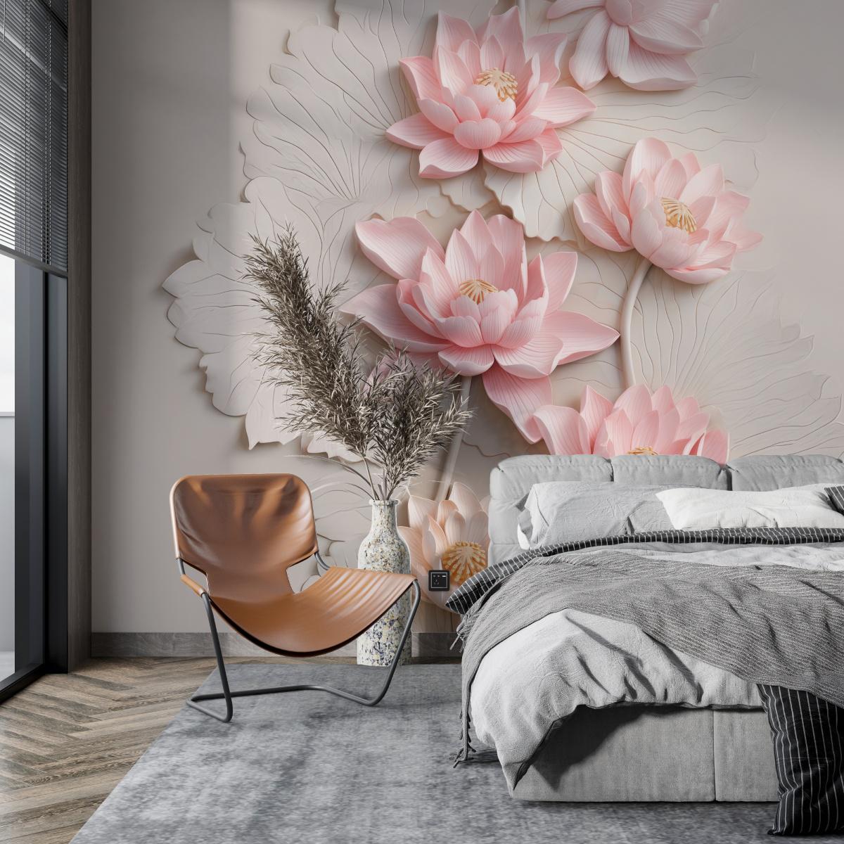 3D Lotus Flower Wall Mural - Pink & White Lily Pad Wallpaper - Serene Zen Floral Decor - Etsy UK