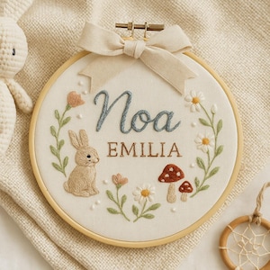 Baby Shower Keepsake with Bow, Handmade Baby Name Hoop, Embroidered Birth Announcement, Bunny Handmade Embroidered  Hoop Gift