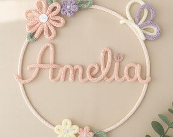 Personalisiertes Draht Namensschild mit Pastell Blumen: Personalisiertes Kinderzimmer Wand Dekor |