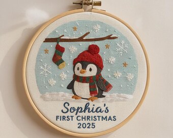 Personalized Baby's First Christmas Ornament: Hand Embroidered Floral Name Hoop