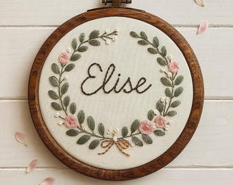Hand-Embroidered Floral Baby Name Hoop: Personalized Nursery Decor