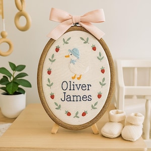 Goose and Florals Personalized Baby Name Hoop, Custom Embroidered Baby Name Sign with Vintage Duck, Baby Birth Announcement Embroidery Hoop