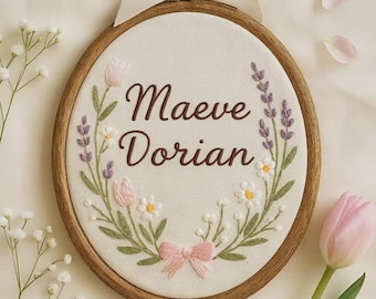 Custom Baby Name Hoop with Floral Embroidery: Nursery Wall Decor