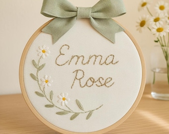 Custom Hand Embroidered Name Hoop: Floral Nursery Decor