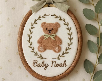 Personalized Teddy Bear Oval Hoop: Custom Baby Name Embroidery Keepsake