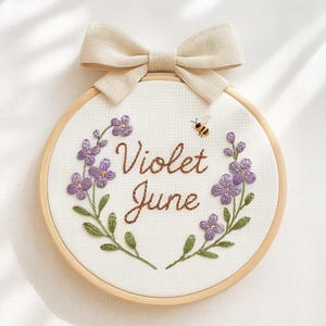 Hand Embroidered Floral Baby Name Hoop: Newborn Keepsake with Linen Bow