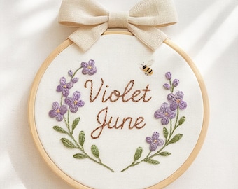 Hand Embroidered Floral Baby Name Hoop: Newborn Keepsake with Linen Bow