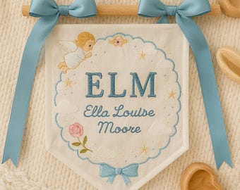 Custom Embroidered Baby Name Banner: Pink Nursery Decor with Bows