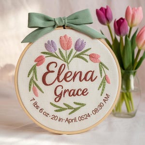 Personalized Baby Stat Sign with Tulip, Sunflower Baby Name Embroidery Hoop, Embroidered Baby Announcement, Nursery Decor, Baby Shower Gift