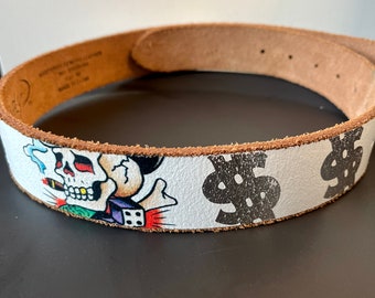 Ed Hardy White Distressed Leather Belt Unisex Skulls, Dice, Dollar Signs