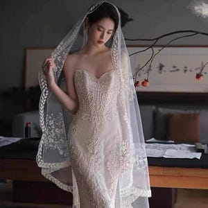 Wedding Veil – 2M Lace Cathedral Veil | Handmade Floral Embroidery Bridal Veil | Soft Tulle Chapel Veil