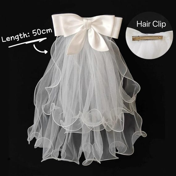 Pearl Bridal Hair Bow Veil, White Lace Wedding Bow With Clip  display picture 3