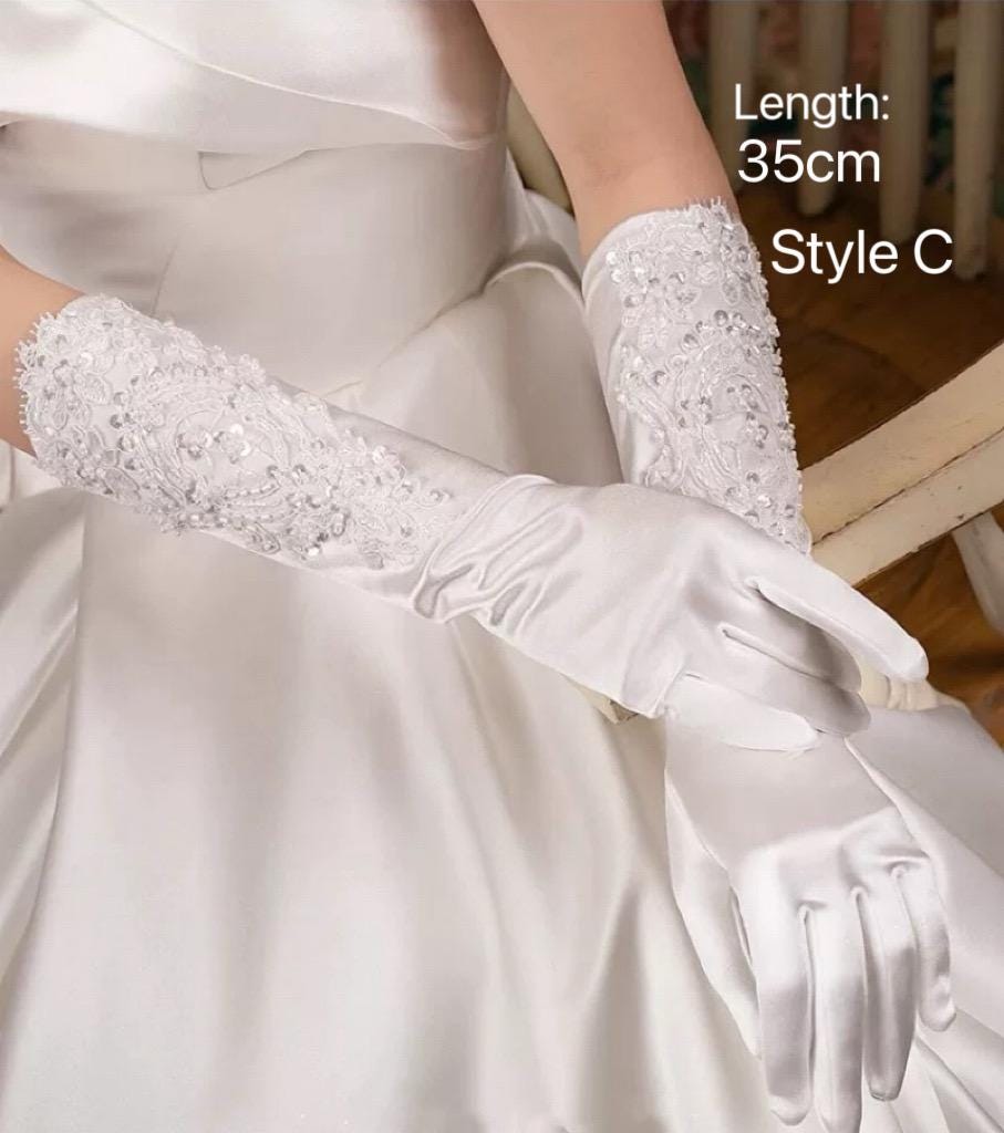 Tulle Wedding Gloves With Pearls, Sheer Lace Bridal Gloves for Bride ...