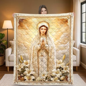 Holy Virgin Mary Quilt Blanket, Spiritual Catholic Throw Blanket for Religious Home Decor, Blessed Mother Comforter Gift for Believers