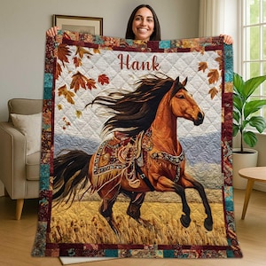 Personalized Wild Horse Quilt Blanket, Western Cowboy Horse Bedding Gift, Rustic Country Farmhouse Throw for Horse Lovers, Custom Name Quilt