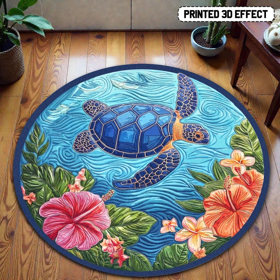 Round Turtle Rug Tropical Floral Turtle Round Rug, Ocean Sea Turtle Floor Mat, Tropical ...