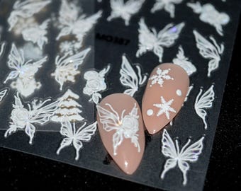 3D White Butterfly Nail Stickers with Iridescent Mother-of-Pearl Shine