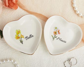 Personalized Birth Flower Ring Trinket Dish ， Birth Month Flower Ring Dish， Birthday Jewelry Dish ，Wedding Bridesmaid Gift ，Mom Gift