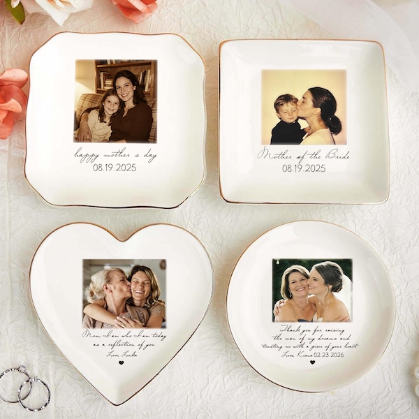 Personalized Photo Jewelry Dish, Mother of The Bride Jewelry Tray, Custom Ring Ceramic Dish with Picture, Mothers Day Gift, Wedding Gift