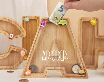 Personalized Large Wooden Kids Letter Piggy Bank,Wood Gift For Kids,Custom Name Coin Bank,Wood Alphabet Letter Bank Money Box Birthday