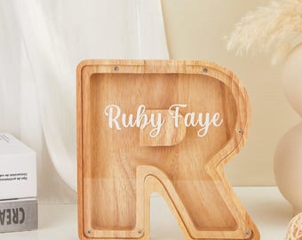 Personalized Large Wooden Kids Letter Piggy Bank, Personalized Name Piggy Bank, Wood Alphabet Letter Bank Money Box, Child/ Baby Gift