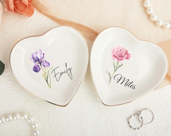 Piatto portagioie personalizzato con fiori per nascita, piatto portagioie personalizzato con fiori ad acquerello, regali di Natale, regalo per damigelle d'onore, piatto portagioie per compleanno