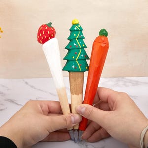 Handmade Christmas tree Woodcarving Pencil，Linden Wood Pen, Carved Pen,Animal Head, Gifts for Kids，Birthday Gift,Personalized Gift