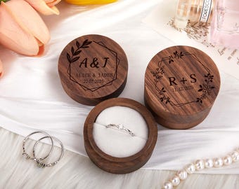 Scatola portafedi rotonda doppia - Scatola portafedi in legno incisa per cerimonia di nozze, proposta di matrimonio o scatola portafedi di fidanzamento, contenitore per 2 anelli