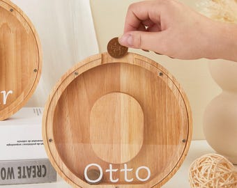 パーソナライズされた大きな木製子供用アルファベット貯金箱、子供への木製ギフト、カスタム名入れコインバンク、木製アルファベットレターバンク貯金箱誕生日