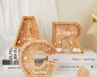 Personalized Large Wooden Kids Letter Piggy Bank,Wood Gift For Kids,Custom Name Coin Bank,Wood Alphabet Letter Bank Money Box Birthday