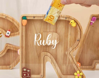 Personalized Wooden Letter Piggy Bank,  Laser Engraved Name, Kids Coin Bank, Baby shower Gift,