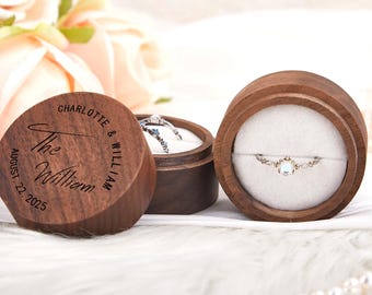 Scatola per anello di fidanzamento / Scatola rotonda in legno per anello per cerimonia di nozze / Scatola per anello di nozze con doppia fessura / Scatola per anello portatore / Regalo di anniversario