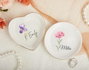 Piatto portaoggetti con fiori di nascita personalizzato, piatto porta anelli con fiori acquerellati personalizzati, regalo per damigelle d'onore, piatto porta gioielli per compleanni, regali per la festa della mamma