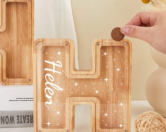 Alcancía de madera grande personalizada con letras para niños, regalo de madera para niños, alcancía con nombre personalizado, alcancía de madera con letras del alfabeto para cumpleaños