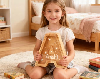 Alcancía de madera con letras personalizadas Starlight para niños, regalos de madera para niños, alcancía con nombre personalizado, alcancía de madera con letras para cumpleaños