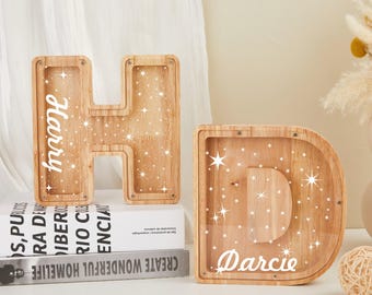 Salvadanaio personalizzato in legno con lettere stellari per bambini, salvadanaio con nome personalizzato, salvadanaio in legno con alfabeto per compleanno