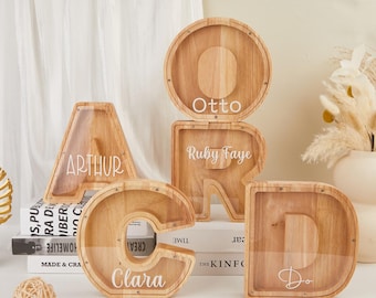 Personalized Large Wooden Kids Letter Piggy Bank, Wood Gift For Kids, Custom Name Coin Bank, Wood Alphabet Letter Bank Money Box Birthday