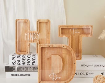 Salvadanaio in legno grande personalizzato per bambini con lettere, regalo in legno per bambini, salvadanaio con nome personalizzato, salvadanaio in legno con lettere dell'alfabeto per compleanno
