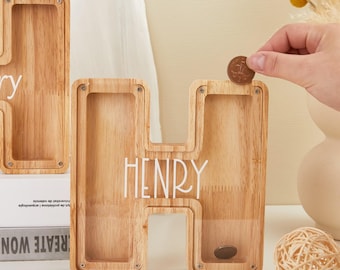Personalized Large Wooden Kids Letter Piggy Bank, Wood Gift For Kids, Custom Name Coin Bank, Wood Alphabet Letter Bank Money Box Birthday
